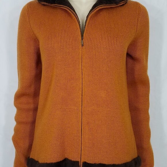 Carlisle burnt orange full zip 100% Merino wool cardigan faux fur trim Small - Picture 1 of 10